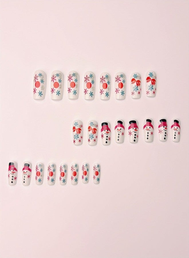 OCOUYVD Christmas Press on Nails Short Square Fake Nails with Snowflake Designs Full Cover Winter Xmas Snowman Acrylic Stick on Nails Silver Glitter False Nails for Women Holidy Manicure Art 24 Pcs - Image 4